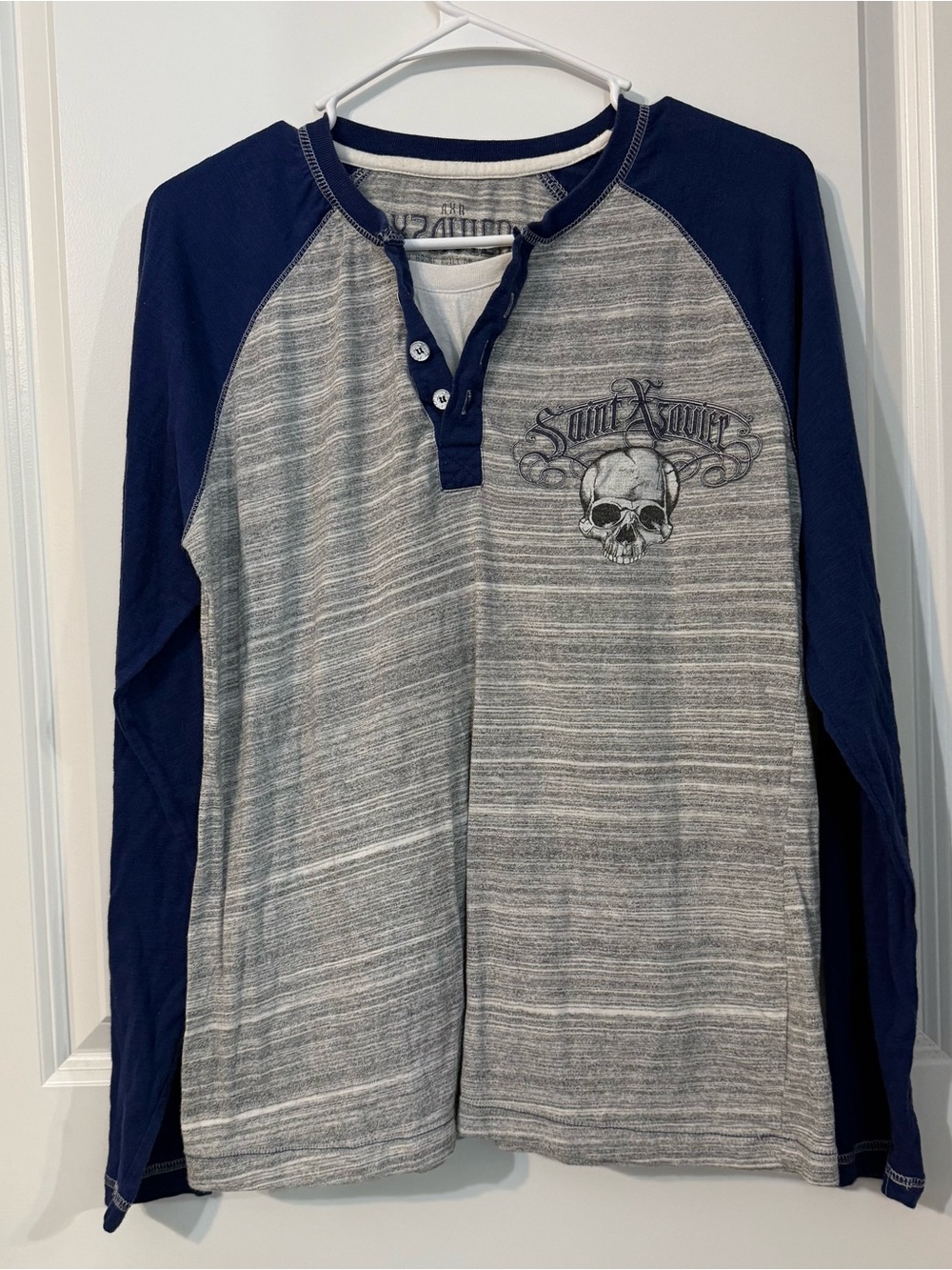 Saint Xavier Tradition Skull Graphic Long Sleeve Henley Shirt